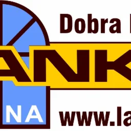 Logo firmy LANKO z napisem 'Okna' i adresem strony internetowej www.lanko.pl, z motywem okna w tle.